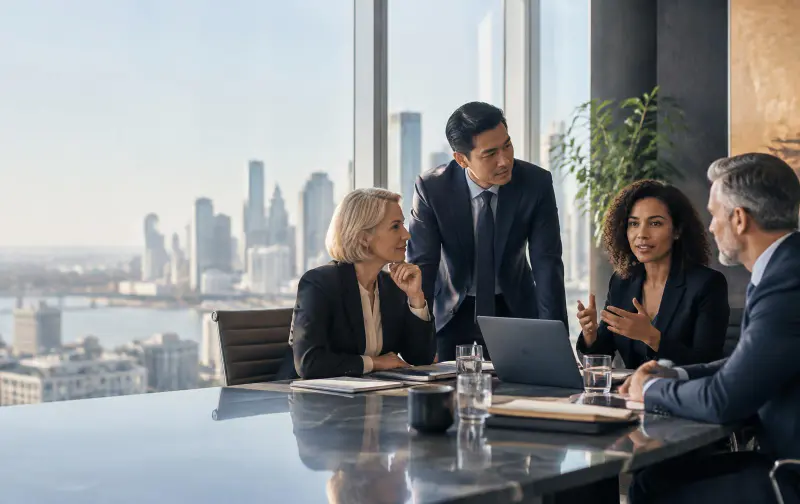 Professionals in an office conversation